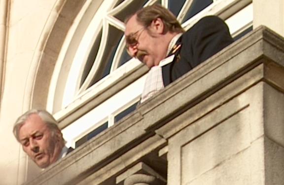 Balcony above entrance to Shire Hall, Cambridge, during demonstration against arms investments, 13 Dec 2005, 09.53