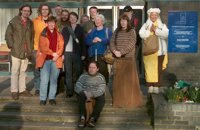 Supporters and friends with Ciaron O'Reilly, Susan Clarkson and Scott Albrecht outside Dacorum magistrates court after the hearing.