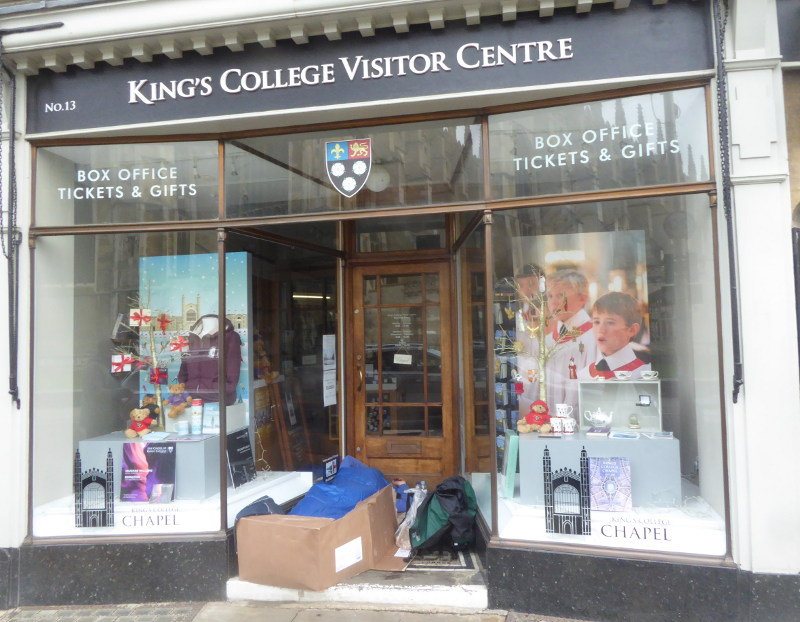 31 December 2017, 12:30pm: Someone in a sleeping bag in a central Cambridge shop doorway